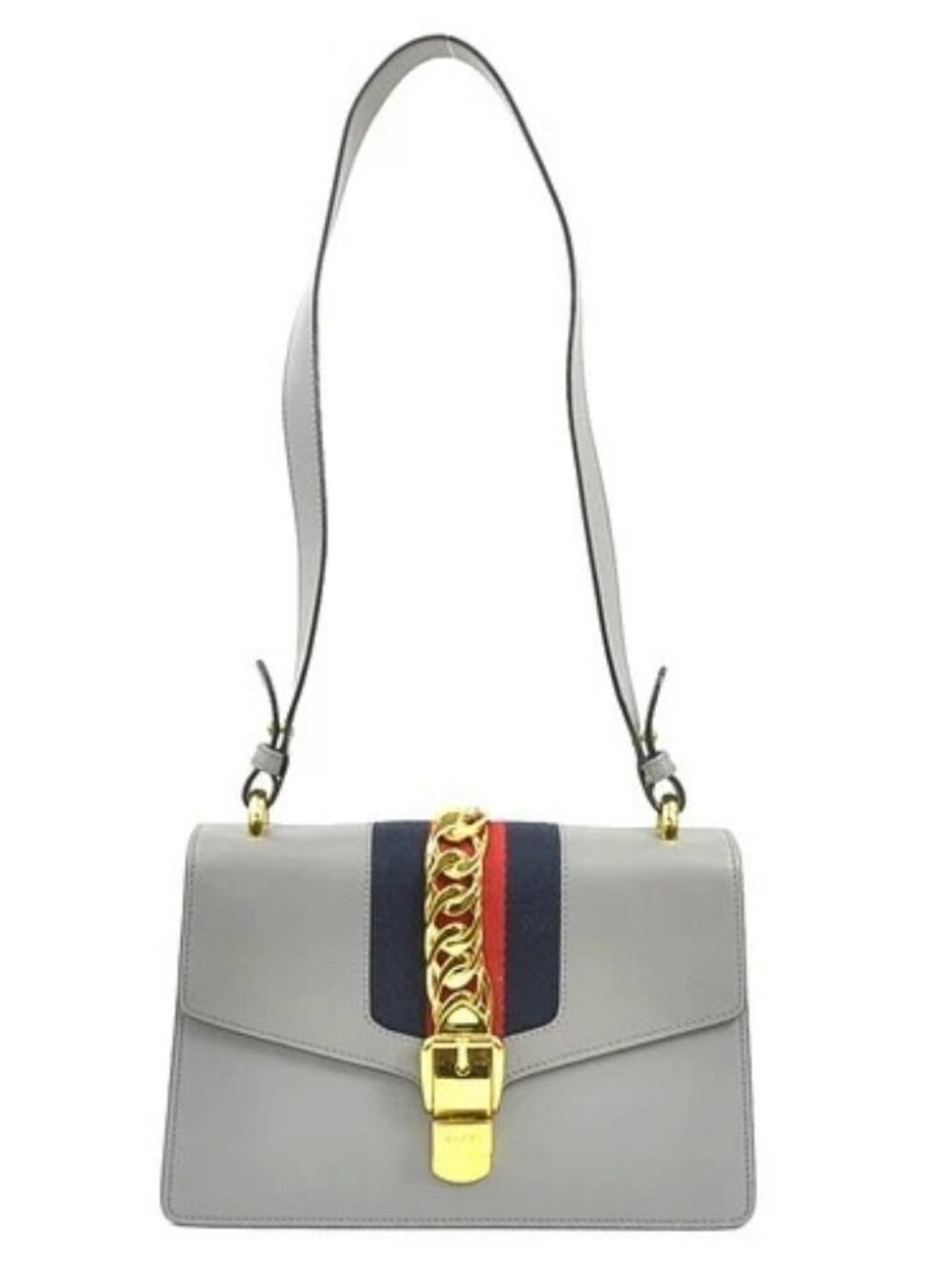 Auth GUCCI Sylvie Small Shoulder Bag Gray Leather/Goldtone - h31494a